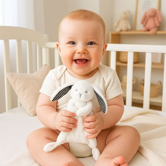 doudou bebe enfant qui est assis dans son lit qui tien le lapin entre ces petites mains souriant
