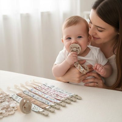 bébé sur les genoux de sa maman avec sa tétine en bouche et plusieurs model d'attache tétine