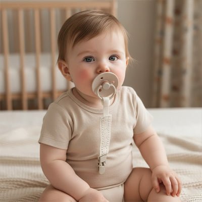 bebe assis qui ne perd pas sa tétine grâce à son attache accrocher au body