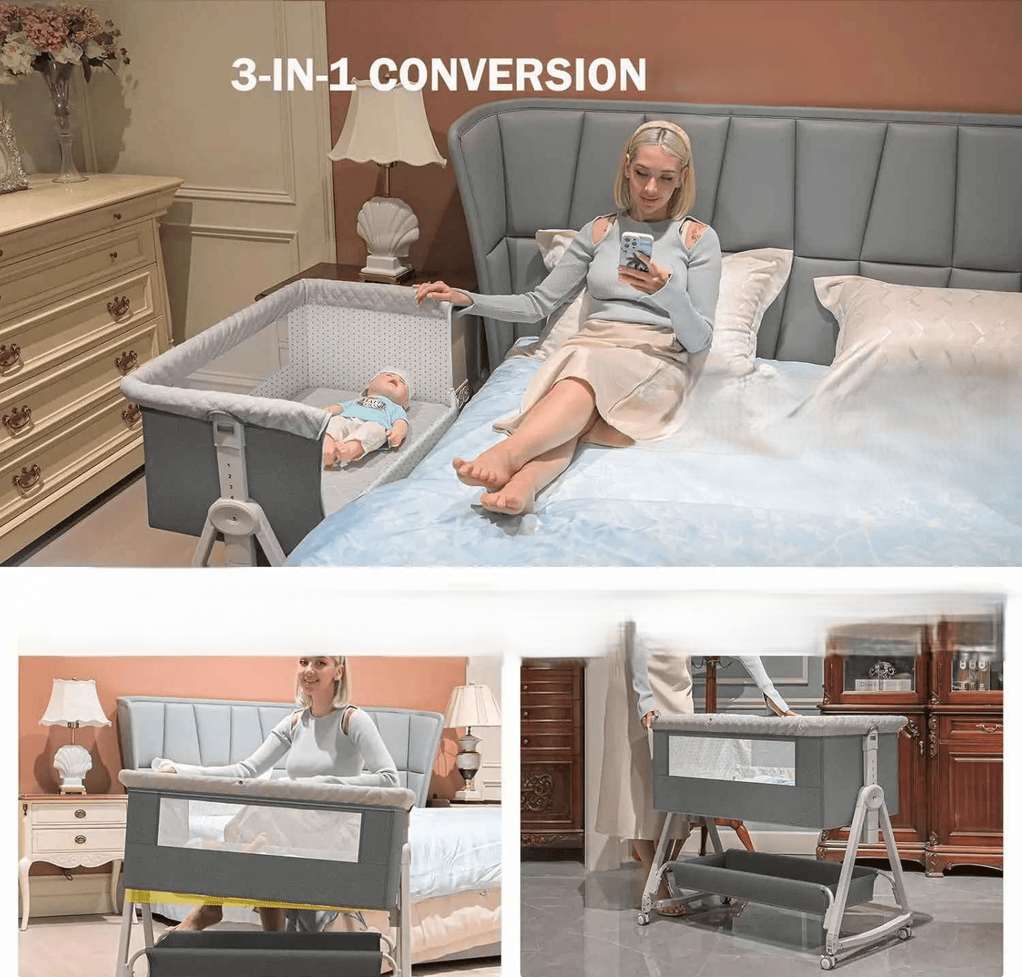 bebe cododo en trois mode différents avec bébé et maman dans chaque pièce de la maison