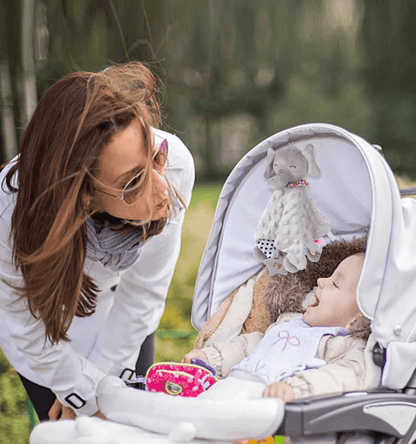 bebe dans sa poussette qui joue avec sa maman et son doudou qui es accrocher au dessus de sa tête
