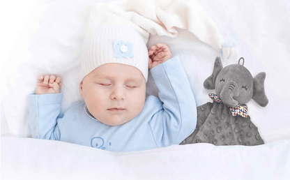 bebe qui dort paisiblement avec son doudou elephant juste a cote pour le rassurer