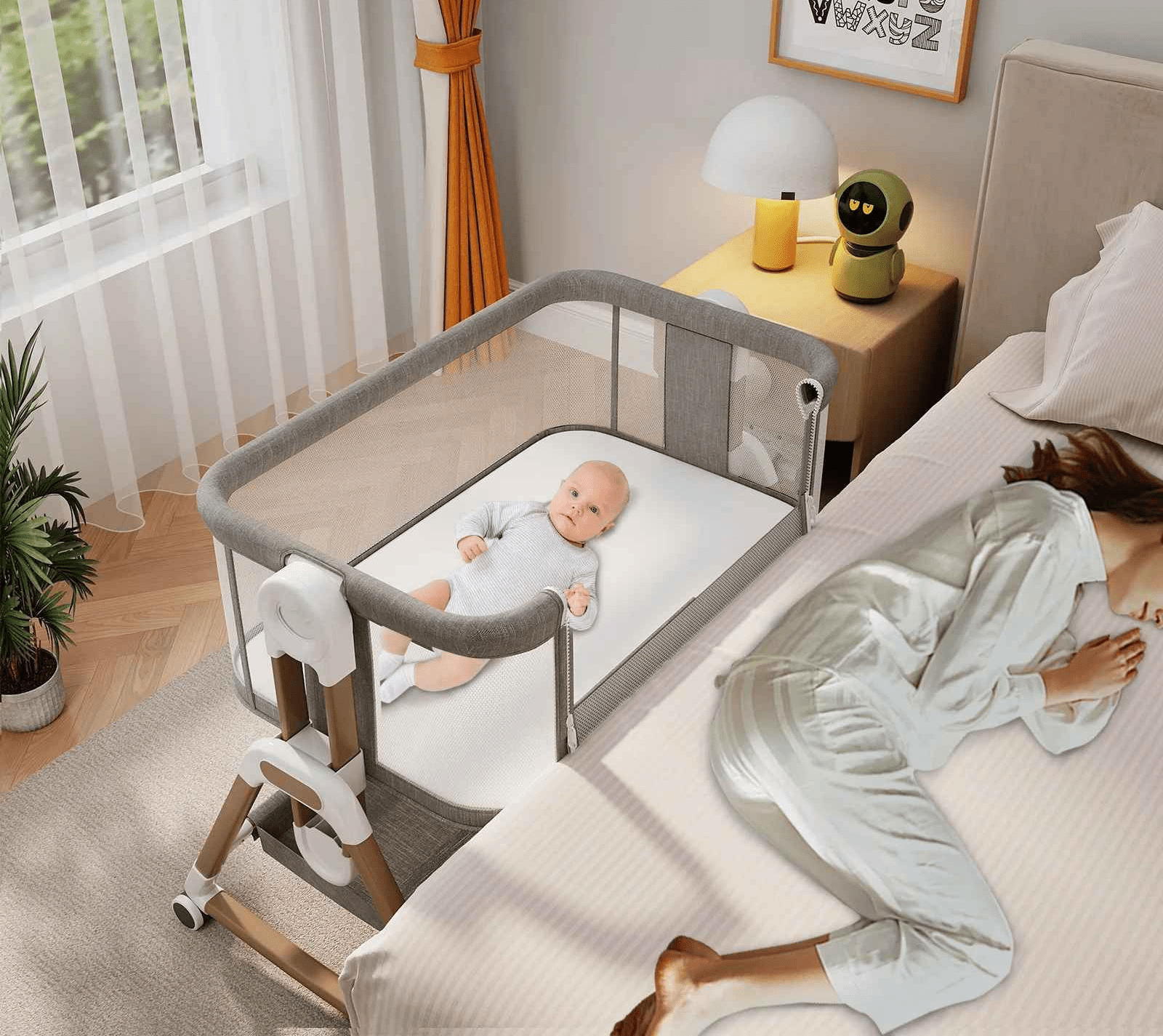 bebe qui est allonger dans son cododo attacher au lit parentale