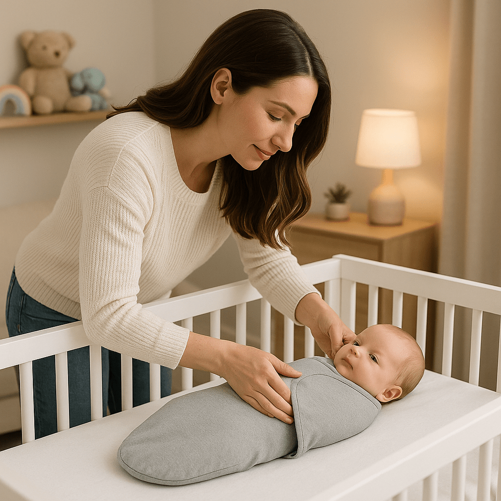 maman qui couche son enfant dans sa couverture emmaillotage