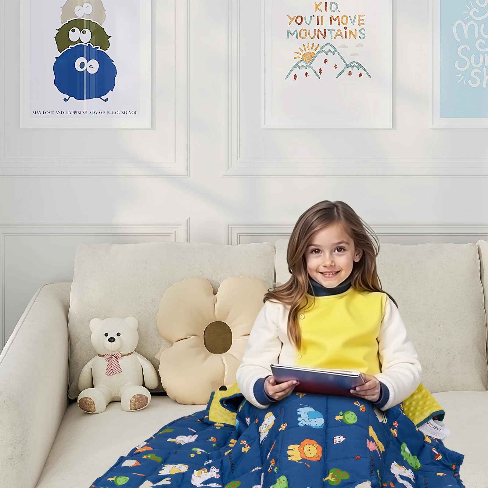 petite fille assise sur son lit entrain de lire un livre avec sa couverture lestée sur les jambes