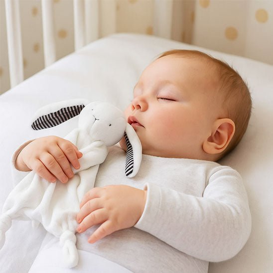 doudou avec bebe qui dort profondement avec son ami le lapin qui le rassure comme une presence