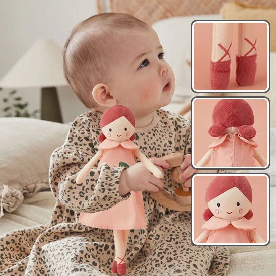 doudou avec une petite fille qui tiens la poupée dans les mains avec trois petites images descriptive de la poupée