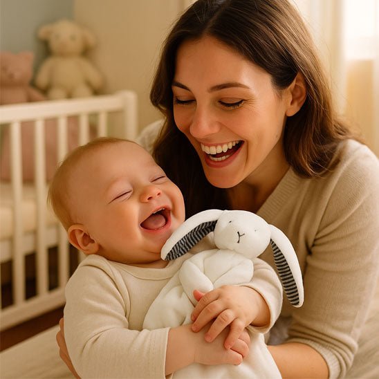 doudou bebe enfant avec sa maman dans la chambre qui rit au eclat avec le lapin dans les mains comme son meilleur ami a tout moment de la journee
