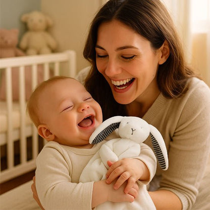 doudou bebe enfant avec sa maman dans la chambre qui rit au eclat avec le lapin dans les mains comme son meilleur ami a tout moment de la journee