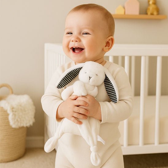 doudou bebe qui est debout dans sa chambre avec son petit lapin dans les mains