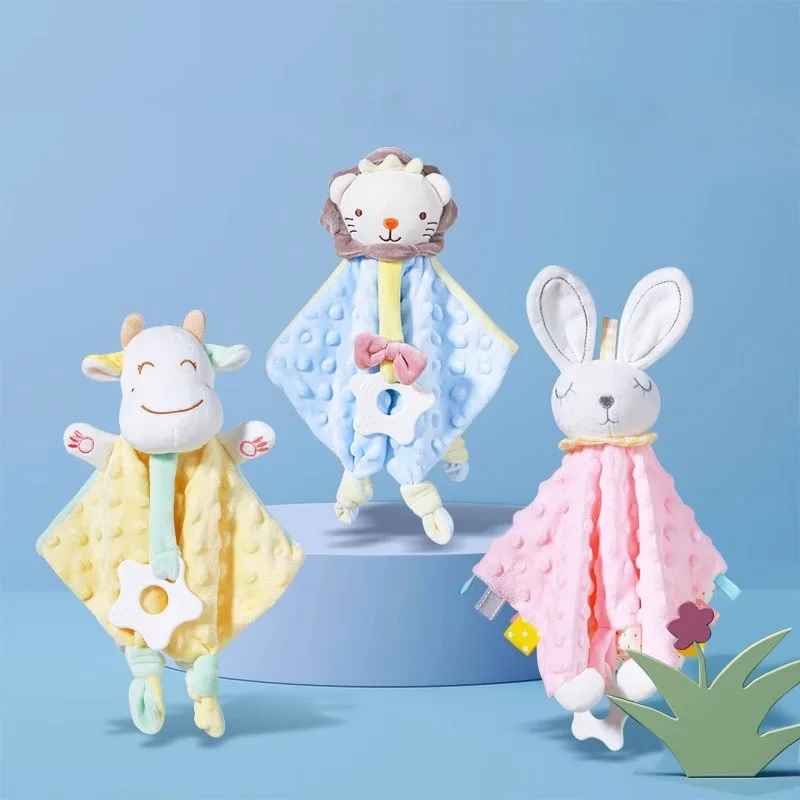 doudou carré avec différente tête vache jaune lion bleu lapin rose