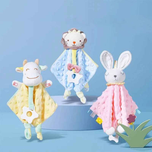 doudou carré avec différente tête vache jaune lion bleu lapin rose