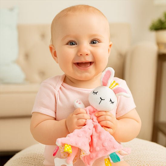 doudou lapin rose avec un bebe qui sourit tenant son doudou dans les mains