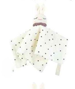 doudou tête de lapin avec tissu écru a pois avec un col
