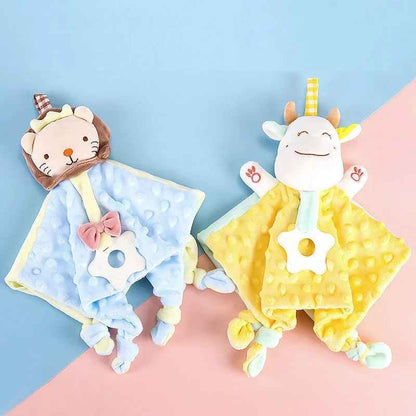 doudou lion et vache carrer poser avec un anneaux de dentition