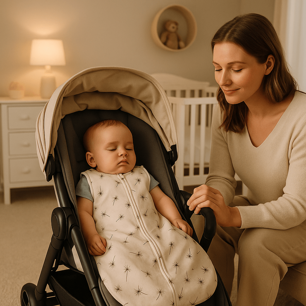petit garçon qui dort dans sa poussette avec sa gigoteuse au motif fleur de pissenlit sous la surveillance de sa maman
