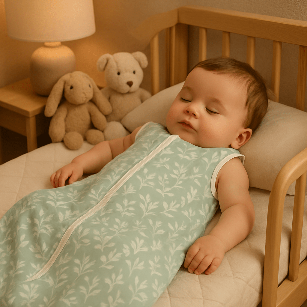 petit garçon endormi confortablement dans son lit avec sa gigoteuse été