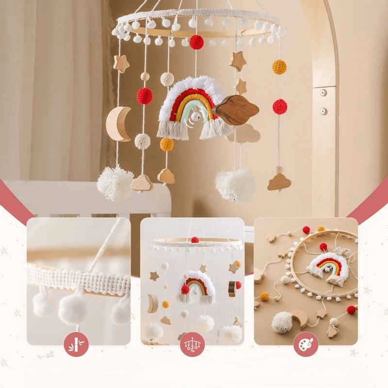 mobile bebe pour lit avec trois image détailler qui montre différente fonction