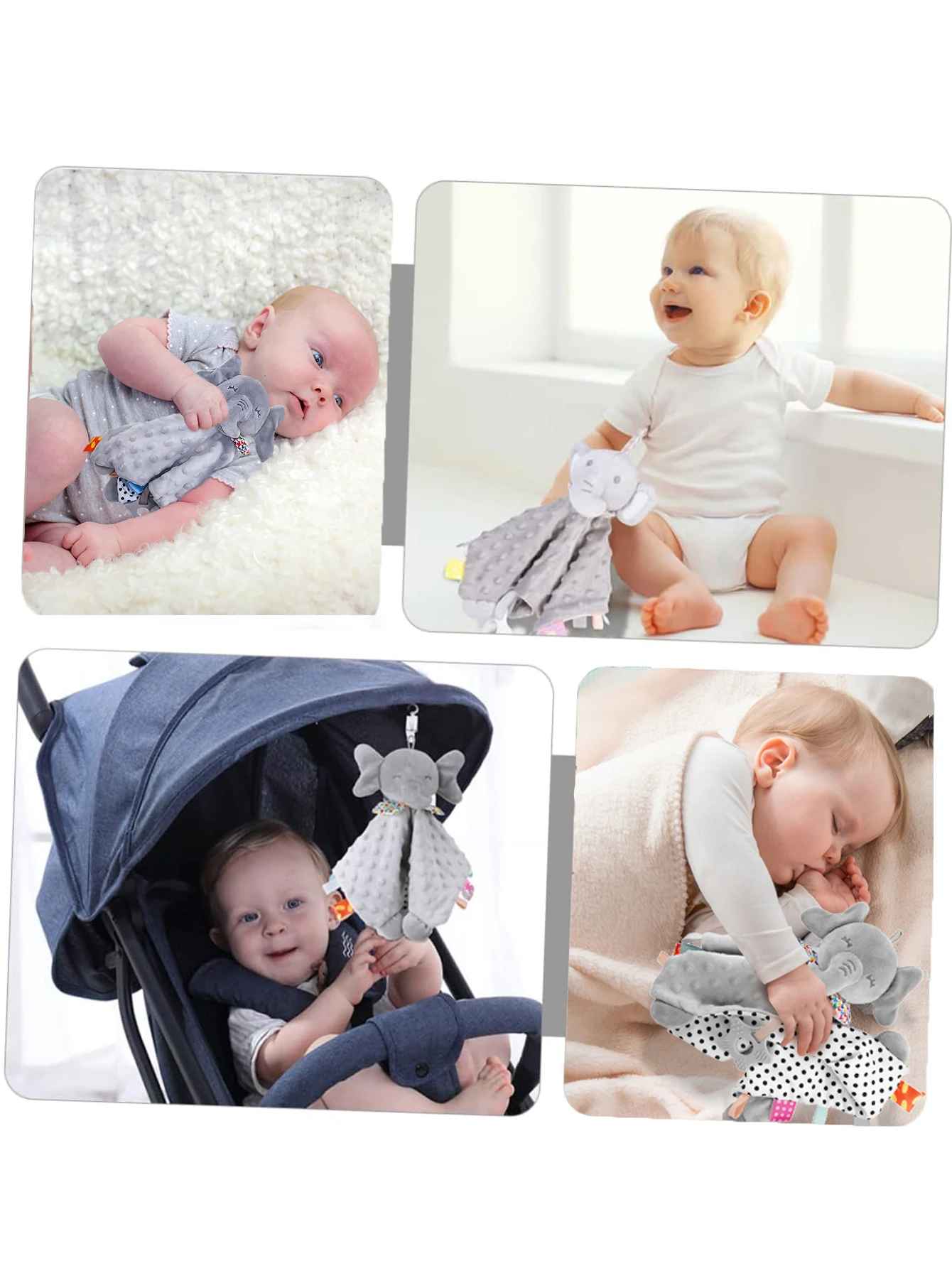 quatre image qui montre des bebe avec le doudou éléphant soit dans les mains soit entrain de faire un câlin pendant la sieste ou accrocher a la poussette pour jouet