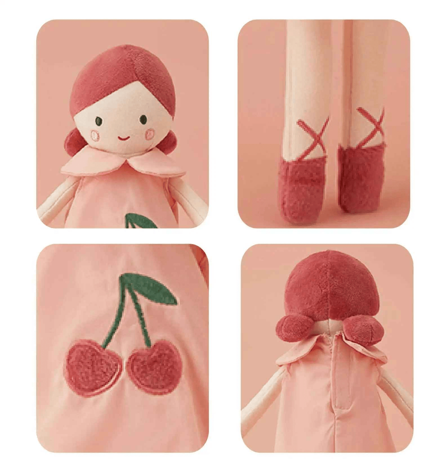 quatre images du doudou poupée qui montre diffèrent détails
